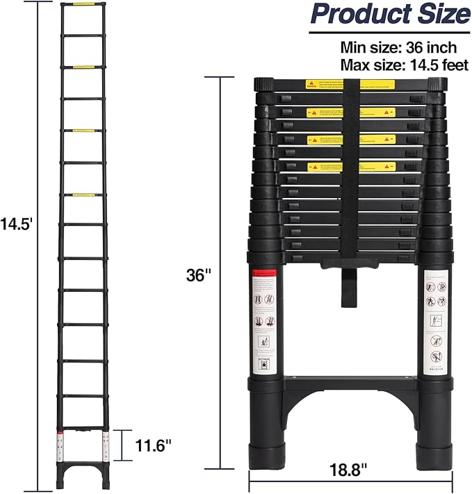 BOCOM 14.5 FT Aluminum Telescoping Ladder, Lightweight Multi-Purpose Collapsible Extension with 2 Triangle Stabilizers, Heavy Duty 330 lbs Max Capacity, Ideal for Home, RV, and Outdoor Work Black