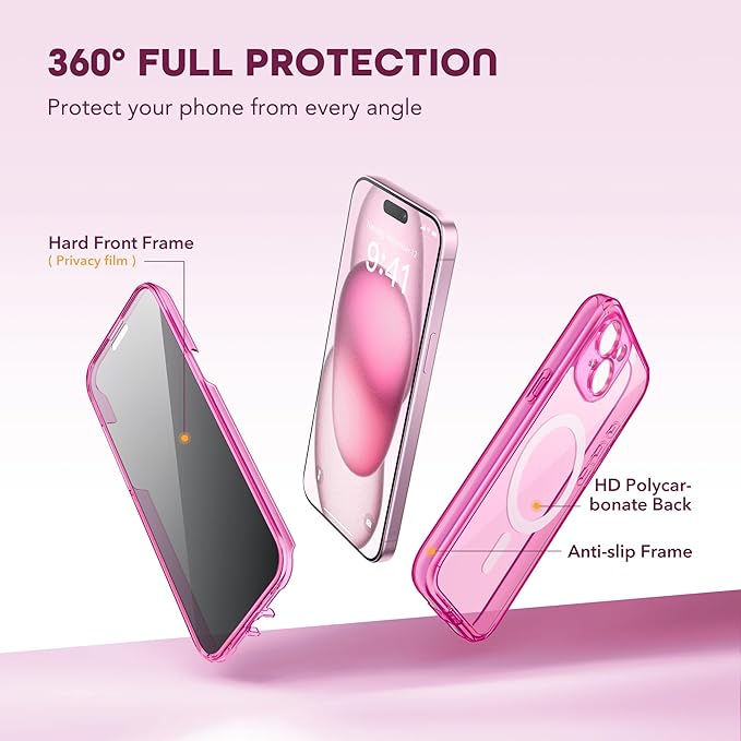 TIESZEN for iPhone 15 Case, Compatible with MagSafe, Built-in Privacy Screen Protector and Camera Protection, Anti Spy Full Body Dustproof Shockproof Hard Phone Case 6.1", Fluorescent Pink