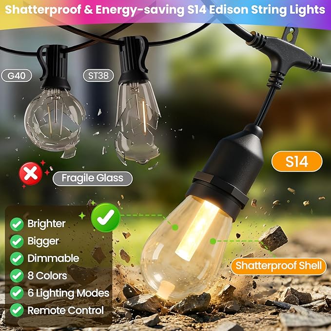 Larkvue 48FT RGBW Outdoor String Lights with Remote, Patio Lights with 15+2 Edison S14 Dimmable Shatterproof Bulbs for Outside Garden Backyard Hanging