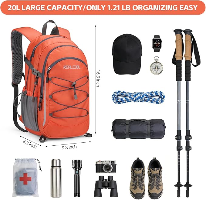 RealCool Hiking Backpack for Men Women,20L Lightweight Waterproof Travel Camping Backpack Hiking Daypack for Cycling Running,Orange