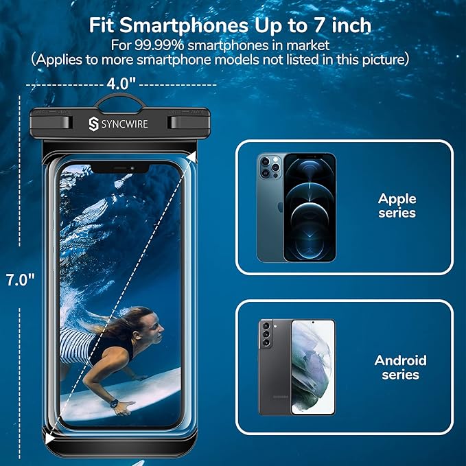 SYNCWIRE [2-Pack Waterproof Case IPX8 Universal Waterproof Phone Pouch Dry Bag Waterproof Phone Case for iPhone 15/14/13/12/11 Pro XS MAX XR X 8 7 6 Samsung S23 S22 S20 and More Up to 7 Inches