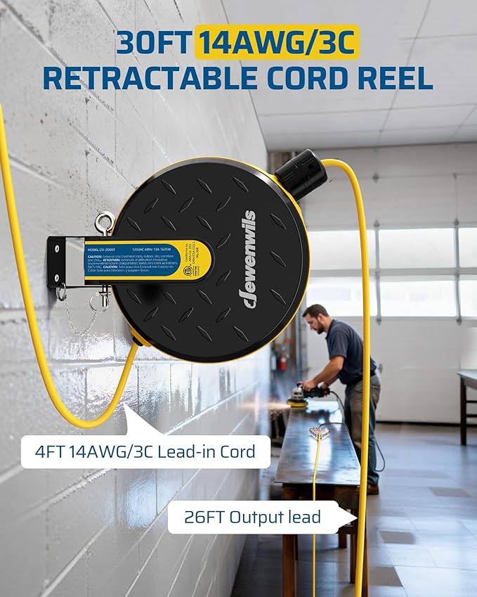 DEWENWILS 30FT Retractable Extension Cord Reel, Ceiling/Wall Mount 14/3 SJTW Power Cord with 3 Lighted Triple Outlets for Garage Shop, 13 Amp Circuit Breaker, Metal Plate, ETL Listed, Yellow