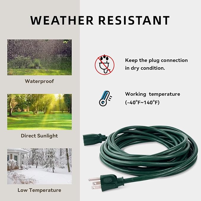 12ft Outdoor Extension Cord for Christmas Decorations- 16/3 Heavy Duty SJTW Waterproof Green Electrical Cable with 3 Prong Grounded Plug for Safety, Great for Lawn and Major Appliances