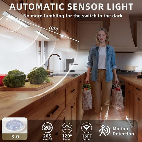 10inch Under Cabinet Lighting, 4 Pack Rechargeable Motion Sensor Light Indoor, Wireless Dimmable Magnetic Closet Lights, 40 LED Under Counter Lights for Kitchen, Wardrobe, Stairs, White Light