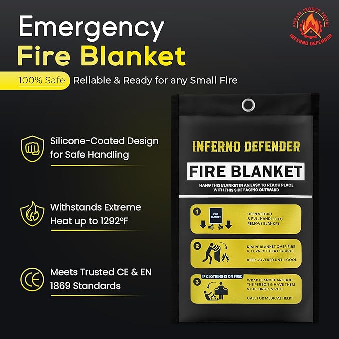 Emergency Fire Blanket For Home And Kitchen, Safe Touch Silicone Coated, 1 Pack Fiberglass Fire Blanket for Home, Fire Suppression for Kitchen, Fire Extinguisher For Kitchen BBQ Camping 39” x 39”