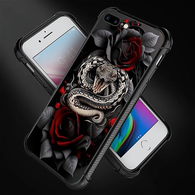 for iPhone 7/8 Case, Entwined Rose Snake Pattern Graphic Design Girl Boy Soft Silicone Hard Acrylic Shock Protection for iPhone 7/8