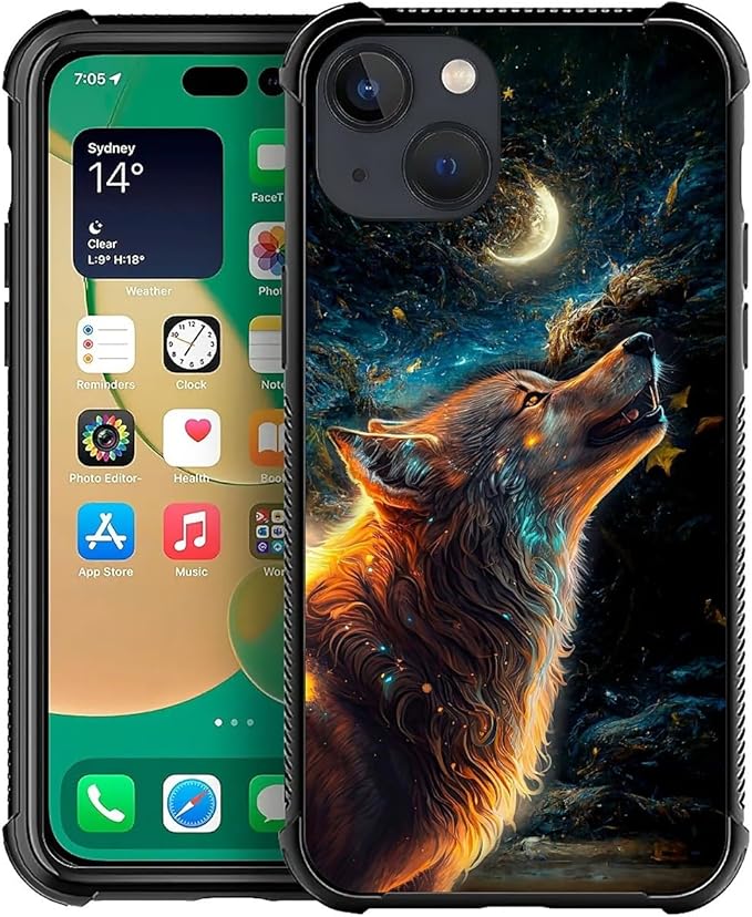 for iPhone 13 Mini Case, Star Cave Hungry Wolf Pattern Graphic Design Girl Boy Soft Silicone Hard Acrylic Shock Protection for iPhone 13 Mini