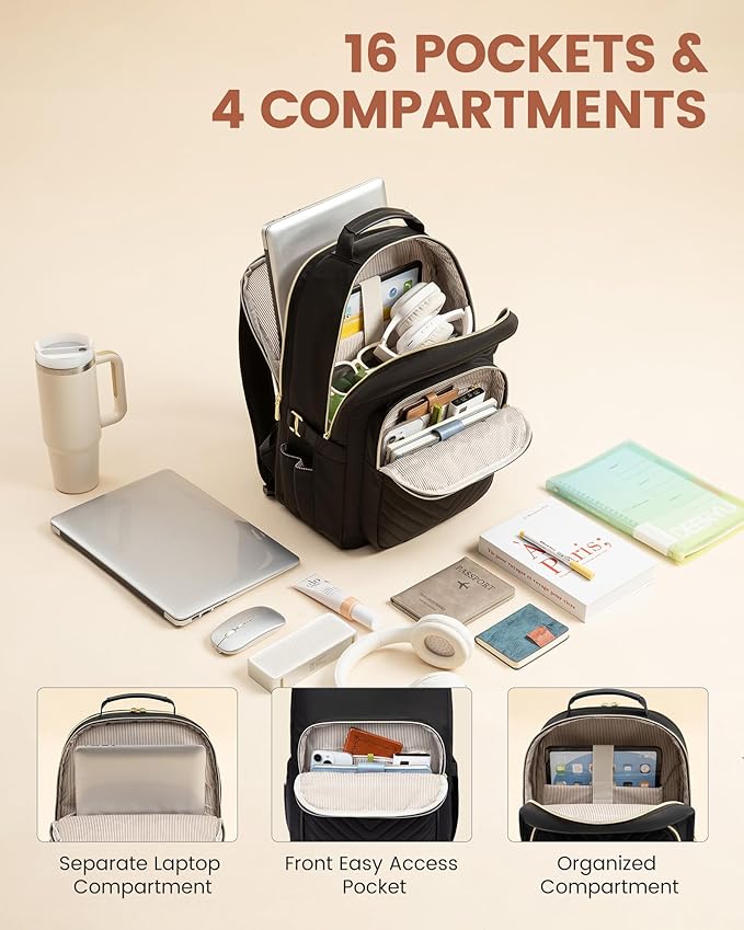 LOVEVOOK Laptop Backpack for Women with Giant Tumbler Holder 17.3 inch,Designer Travel Backpack Laptop Bag College Backpack,Quilted Work Nurse Teacher Backpack Purse Computer Bag Daypack,Black Brown