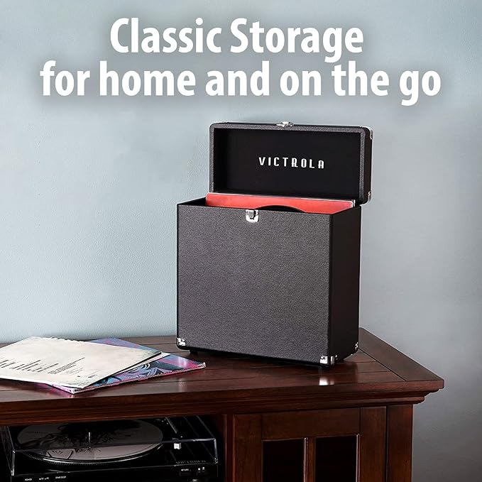 Victrola Collector – Record Storage Case – Holds 30+ Vinyl Turntable Records, Heavy-Duty Hardware, Hinges, & Smart Metal Corners, Portable with Easy-Carry Handle (Black)
