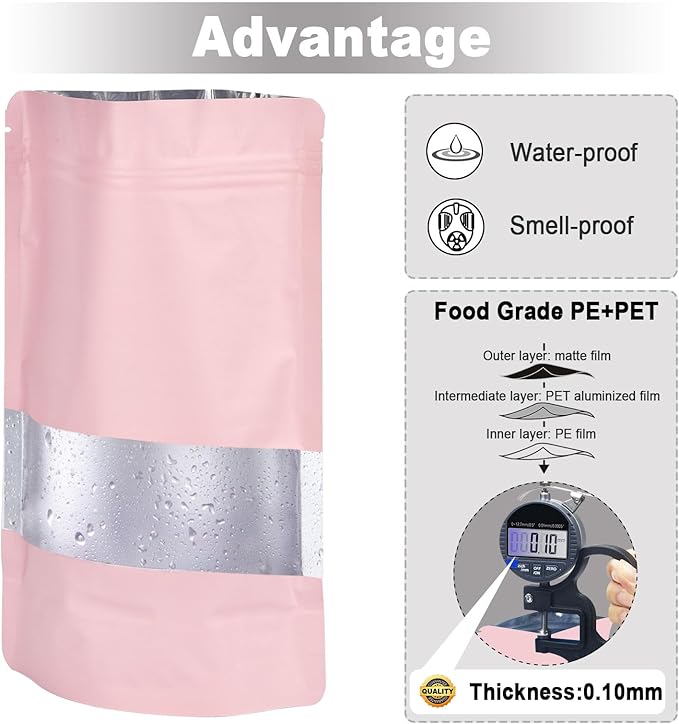 6.3"x9.5" 120pcs Mylar Bags for Food Storage,Smell Proof Bag with Matte Window Resealable Food Storage Bags for Small Business, Stand-up Foil Pouch Packaging Freeze Dried Candy Bag(Pink)