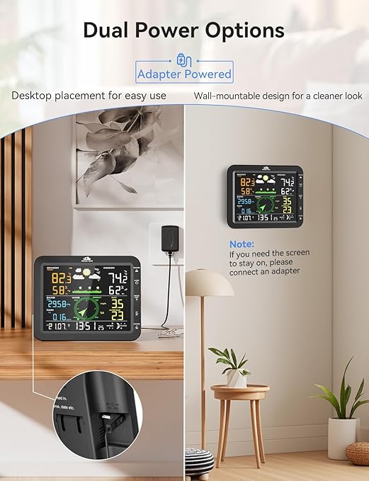 10-in-1 Wireless Weather Station with Outdoor Wireless Sensor,Radio Controlled Clock,Rain Gauge,Wind Speed/Direction,Moon Phase, Barometer,Temperature/Humidity,Weather Forecast (NO WiFi)