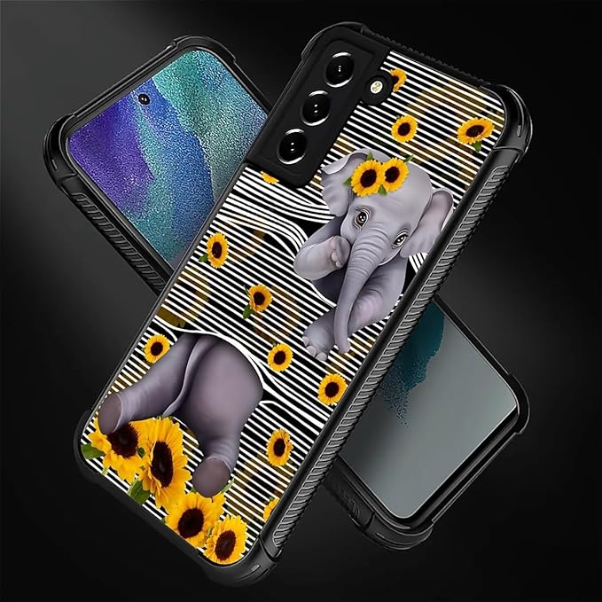 for Samsung Galaxy S22 Plus Case, Cute Little Elephant Sunflower White Line Art Pattern Graphic Design Soft Silicone Hard Acrylic Shock Protection for Samsung Galaxy S22 Plus
