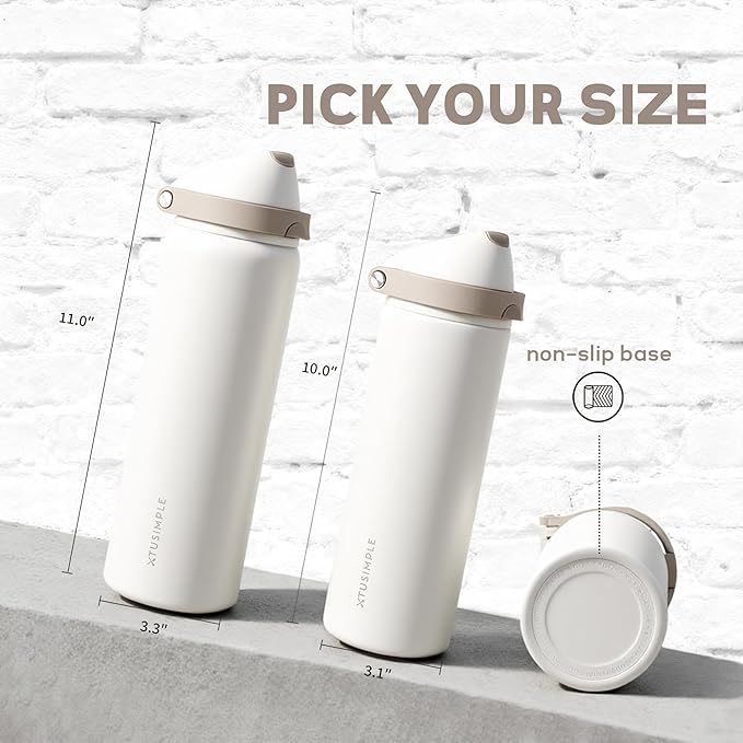 24 oz Insulated Water Bottle with Straw, Stainless Steel Water Bottle with 2-in-1 Push-Button Spout & Quick-Flip Straw, Fits Car Cupholder, Leakproof, for Gym, Travel, School, Camping, White