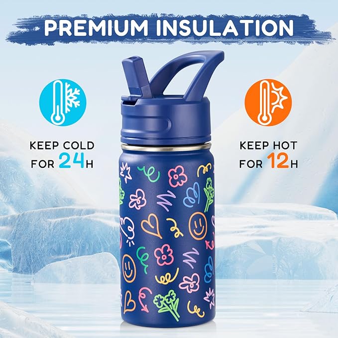 Fijinhom 12oz Water Bottle for School, Bottles with Straws, Stainless Steel Vacuum Insulated Water Bottle, Leak-Proof, BPA-Free, Graffiti