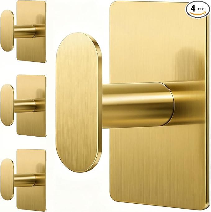 pickpiff Adhesive Towel Hooks for Bathroom: 20LB Extra Strong Wall Hanger for Shower Kitchen RV Dorm Apartment, Gold 4 Pack