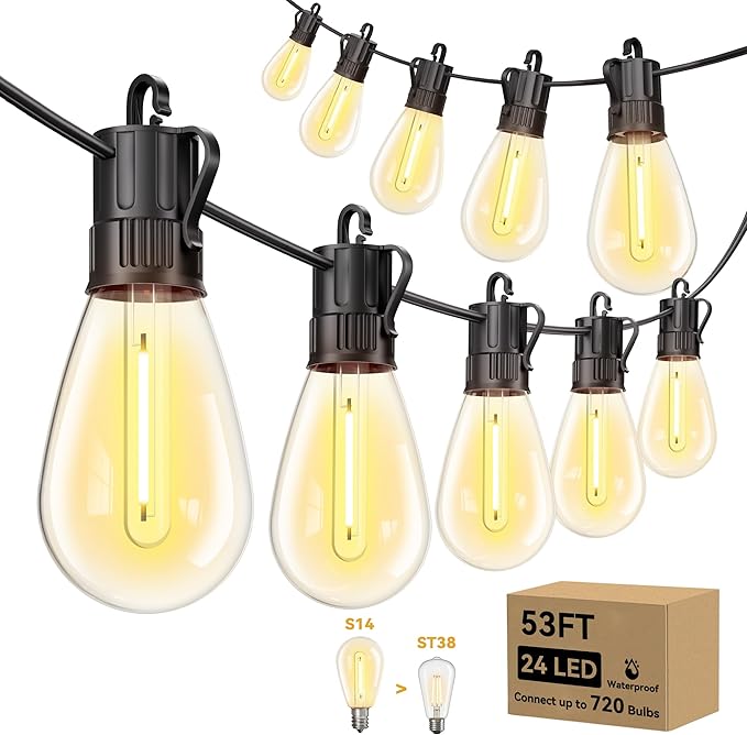 Minetom 53FT Outdoor String LED Patio Lights Waterproof, 24 Shatterproof S14 Vintage Edison Bulbs,Commercial Grade Outside Hanging Lights Waterproof for Porch Deck Garden Backyard Balcony Cafe Bistro