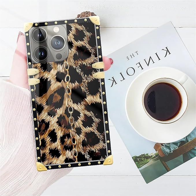 Compatible with iPhone 14 Pro Case, Seamless Gold Chain Leopard Luxury Golden Decoration for Girl Women Soft TPU Shockproof Protective Hard PC Back for iPhone 14 Pro