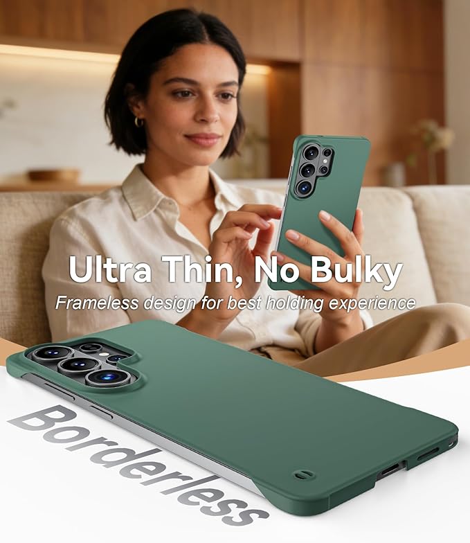 GRECAZO Slim Borderless for Samsung Galaxy S26 Plus Phone Case 6.7"(2026) Ultra-Thin Lightweight Frameless Matte Hard PC Cover Case with Pull Ring Minimalist Non Slip Rope-Dark Green