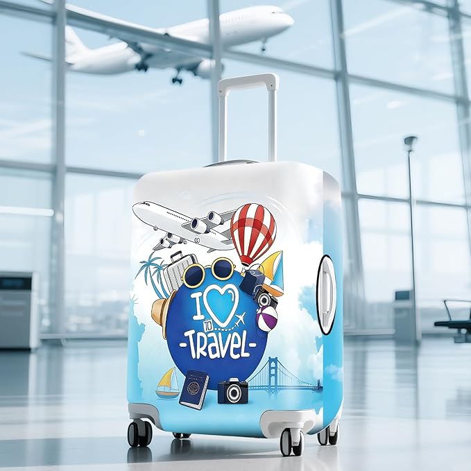 ANNA QUEEN I Love Travel Themed Luggage Cover,Stretchable Suitcase Protector Sleeve,Fit for 20-22 Inch Checked Baggage,Water Resistant & Durable Luggage Protector