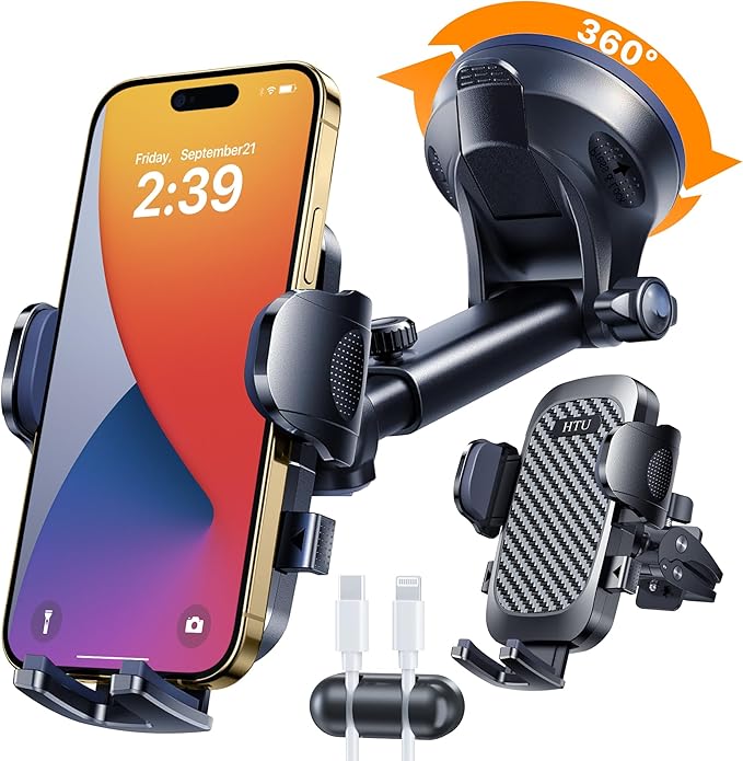 2026 Ultimate Best【True Military-Grade & Safety Cert】Car Phone Holder HTU【Upgraded 360 Rotation & 100+LBS Strongest Suction】5-in-1 Truck Windshield Dashboard Vent Mount Stand for iPhone Android, Black