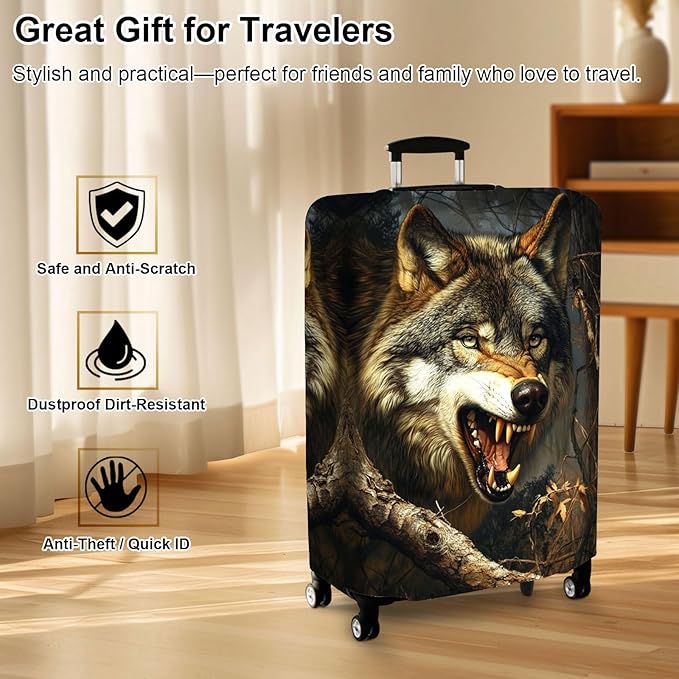 Luggage Cover Protector for 19-20 Inch Suitcases, TSA Approved Elastic Travel Suitcase Covers, Anti-Scratch Washable Luggage Sleeve for Carry On & Checked Bags, Fierce Wolf