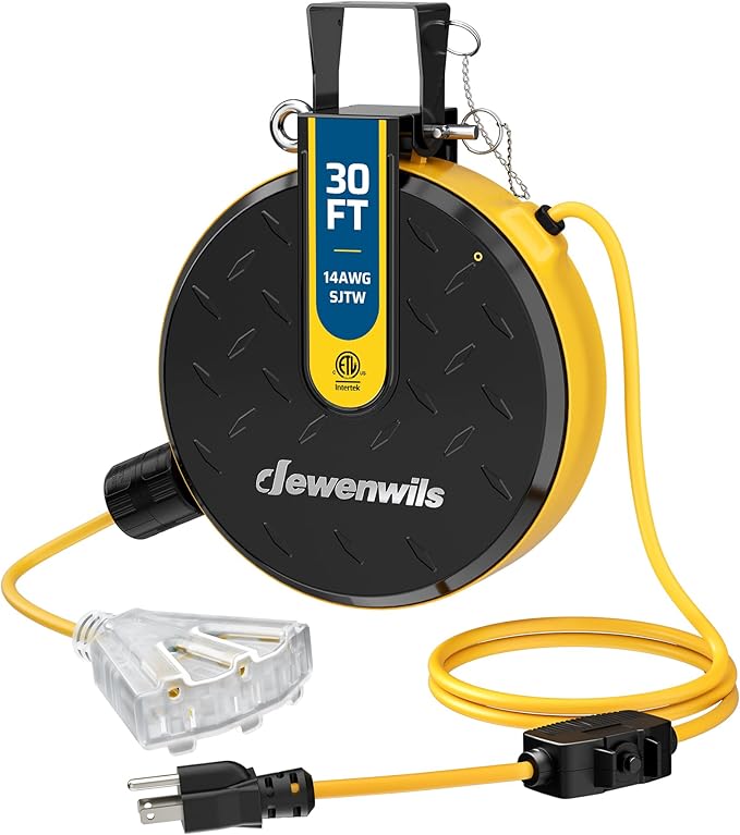 DEWENWILS 30FT Retractable Extension Cord Reel, Ceiling/Wall Mount 14/3 SJTW Power Cord with 3 Lighted Triple Outlets for Garage Shop, 13 Amp Circuit Breaker, Metal Plate, ETL Listed, Yellow