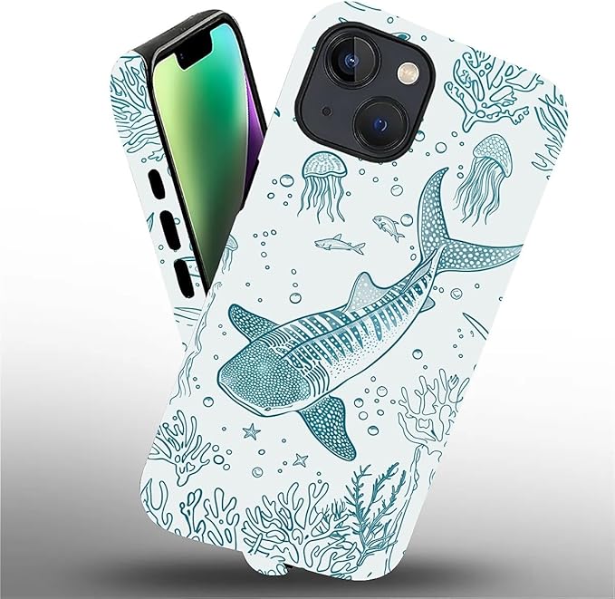 for iPhone 15 Case,HH2 Ocean Whale Shark Hybrid 2 Layer Hard Shell Silicone Protective Pattern Design Case