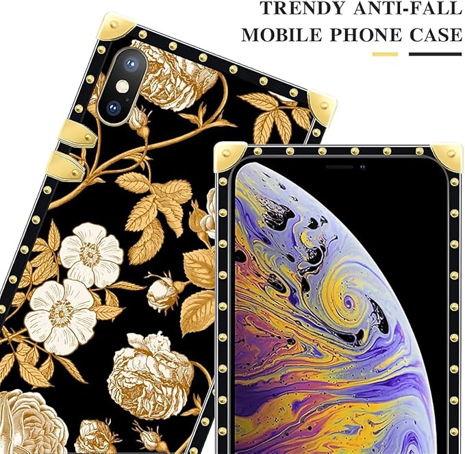 Compatible with iPhone Xs Max Case, Blooming Rose Golden Flower Luxury Golden Decoration for Girl Women Soft TPU Shockproof Protective Hard PC Back for iPhone Xs Max