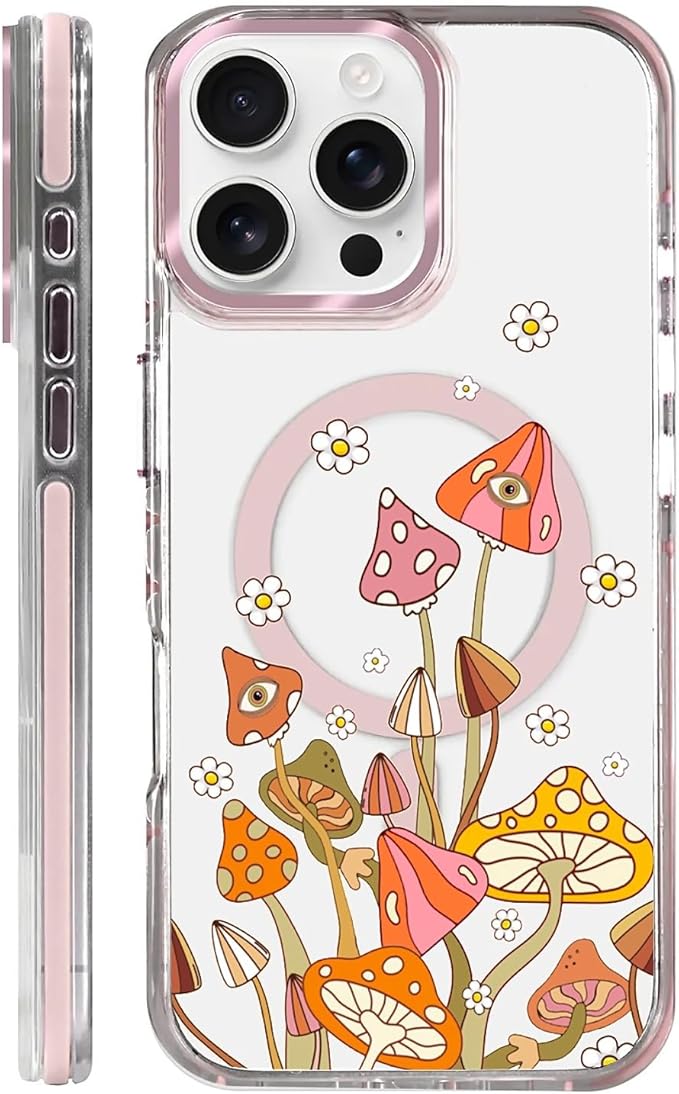 Case for iPhone 16 Pro Max,[Compatible with MagSafe],Retro Mushroom Sunflower Phone Case Design，for Women Girls Magnetic Clear Cover - Slim, Sleek, & Shockproof Protection