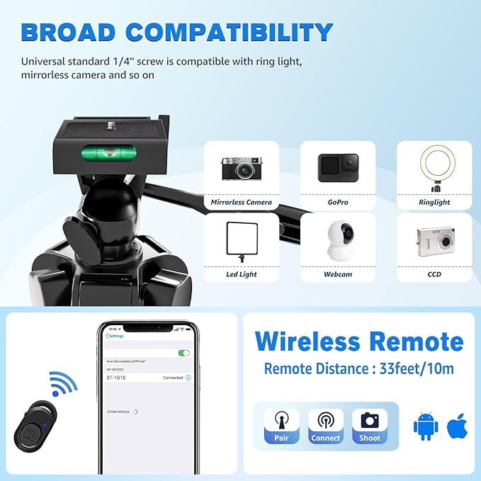 Phone Tripod, Lusweimi 44-inch iPhone Tripod with Phone Holder Mount/Wireless Remote for Ringlight/Camera/Webcam/GoPro, Tabletop Lightweight Stand for iOS/Android/Smartphone