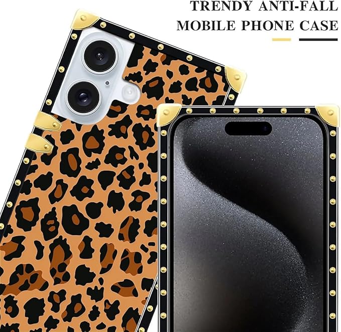 Compatible with iPhone 16 Case, Brown Leopard Texture Luxury Golden Decoration for Girl Women Soft TPU Shockproof Protective Hard PC Back