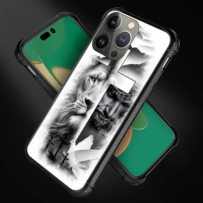 for iPhone 12 Pro Max Case, Lion Cross Jesus Christ Dove Pattern Graphic Design Girl Boy Soft Silicone Hard Acrylic Shock Protection for iPhone 12 Pro Max