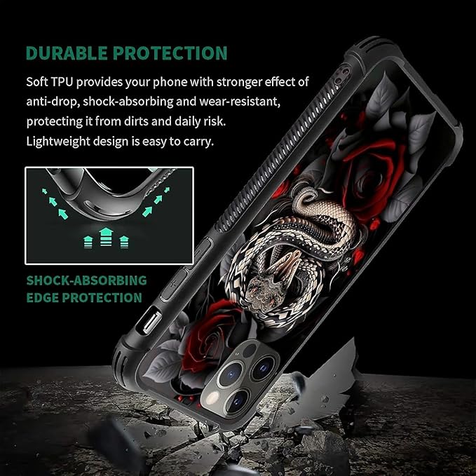 for iPhone 11 Pro Case, Entwined Rose Snake Pattern Graphic Design Girl Boy Soft Silicone Hard Acrylic Shock Protection for iPhone 11 Pro