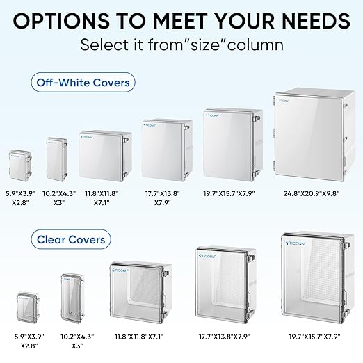 TICONN Outdoor Electrical Box Waterproof, Junction Box IP67 ABS Plastic Enclosure with Hinged Cover with Mounting Plate, Wall Brackets, Cable Glands (Off-White, 10.2"x4.3"x3.0")