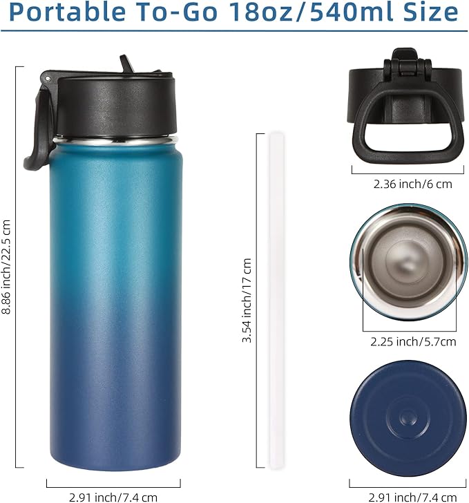 Volhoply 18oz Kids Insulated Water Bottle,Stainless Steel Water Bottles with Straw Lid,Wide Mouth Reusable Metal Sports Water Flask,Double Wall Vacuum Travel Cups For Cold Drink(Dark Night,1 Set)