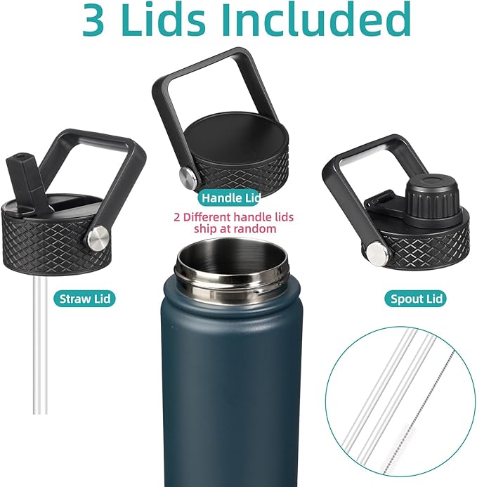 Konokyo Insulated Water Bottle 24oz Stainless Steel Sport Bottles with 3 Lids,Navy Blue