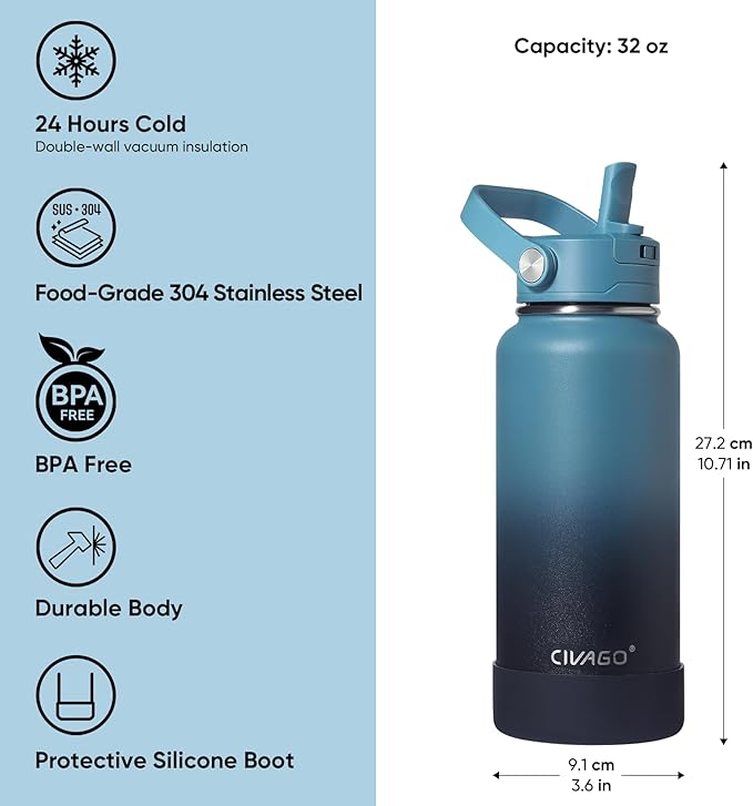 CIVAGO 32 oz Insulated Stainless Steel Water Bottle with Detachable Straw, Large Metal Water Jug with Bucket Handle, Leakproof Sports Water Flask with Silicone Boot, Dishwasher Safe, Indigo Black