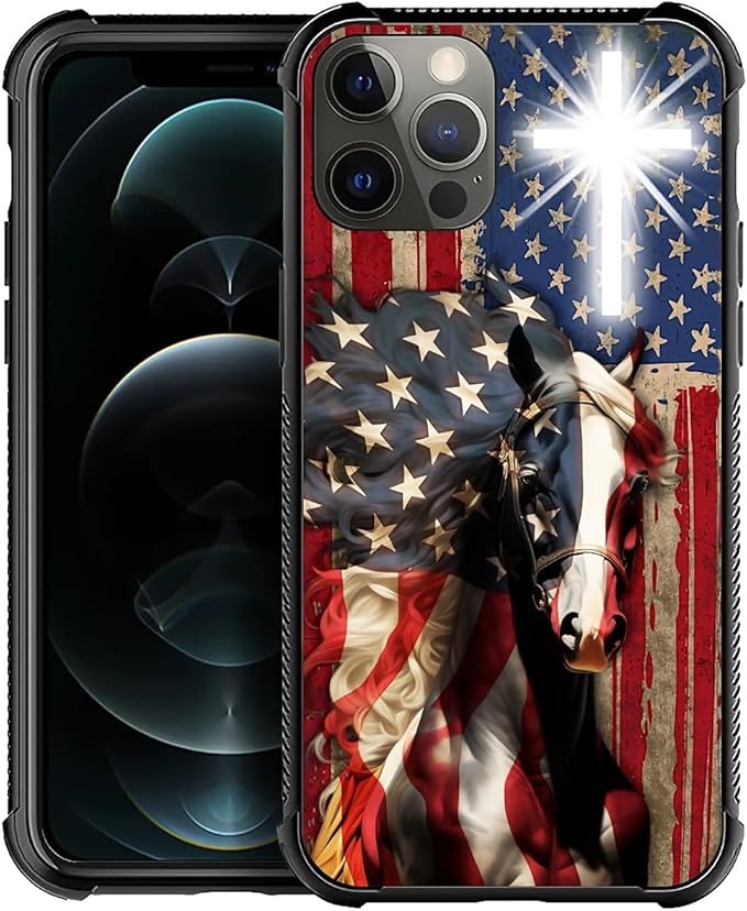 for iPhone 11 Pro Max Case, Red American Flag Horse Cross Pattern Graphic Design Girl Boy Soft Silicone Hard Acrylic Shock Protection for iPhone 11 Pro Max