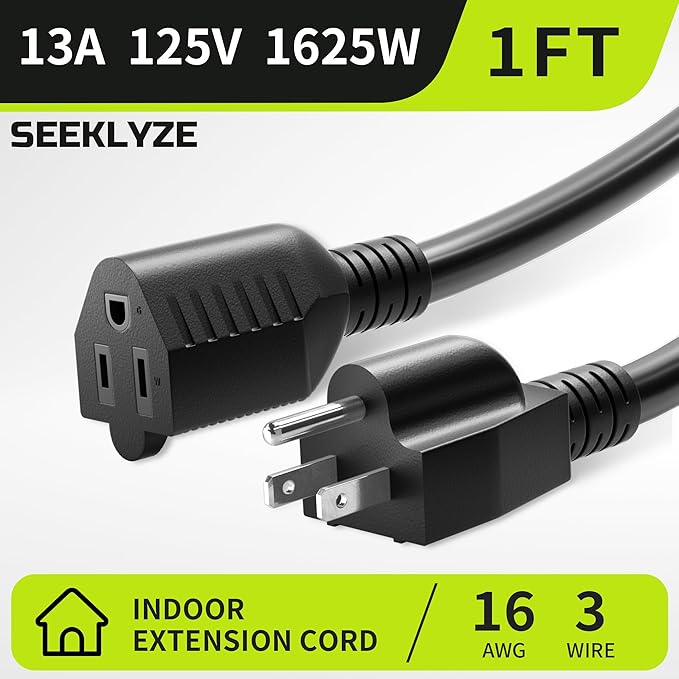 Short Extension Cord 1FT 2 Pack,16 AWG Black Power Cord Indoor for Laptops,Coffee Makers,Office Home Appliances, 3 Prong Small Extension Cable Outlet Saver,13A 125V 1625W,ETL Listed.