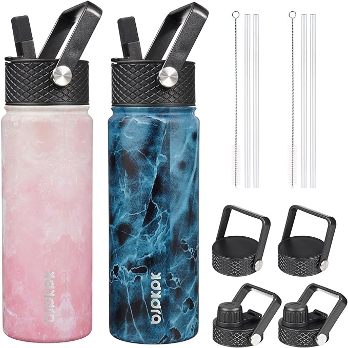 BJPKPK 2 Pack Insulated Water Bottles with Straw Lids, 22oz Stainless Steel Metal Water Bottle with 6 Lids, Leak Proof BPA Free Jugs, Cups, Flasks for Travel, Sports (Blossom+Ocean)