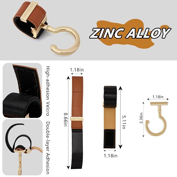 2 Pack Stroller Hooks,Strong Synthetic Leather Hook-and-Loop Fastener&High-Quality Metal Hooks,Universal Bag Clip|360° Rotation, 66lb Capacity,Non-Slip-Fits Wheelchair(Brown-Gold)