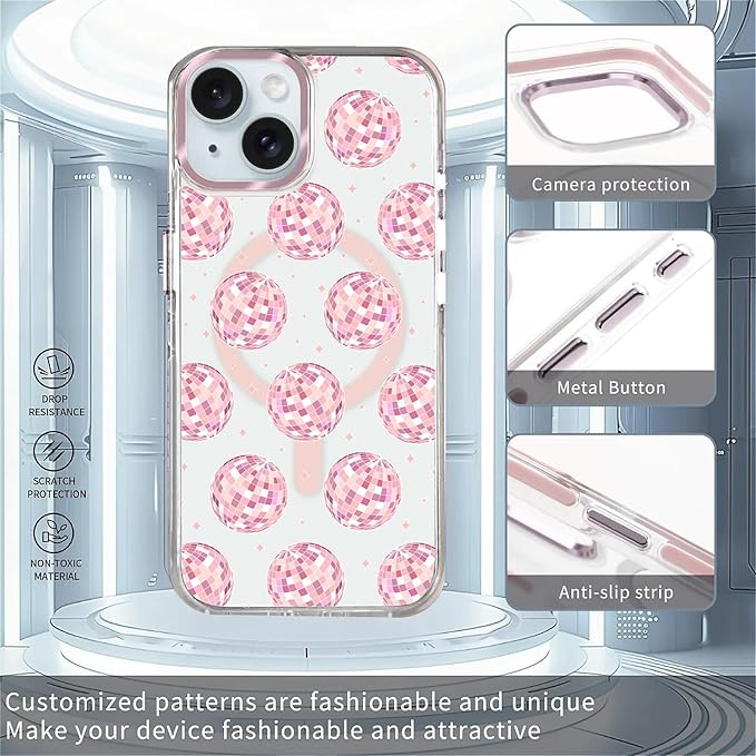Case for iPhone 14 Plus/15 Plus,[Compatible with MagSafe],Disco Balls Pink Phone Case Design，for Women Girls Magnetic Clear Cover - Slim, Sleek, & Shockproof Protection