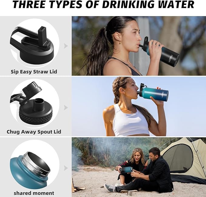32oz Insulated Water Bottle (Cold for 48 Hrs),BPA Free&Leak Proof,Stainless Steel Water Flask,Water Jug with Straw Spout Lids for Gym,Hiking,Travel,Black Blue