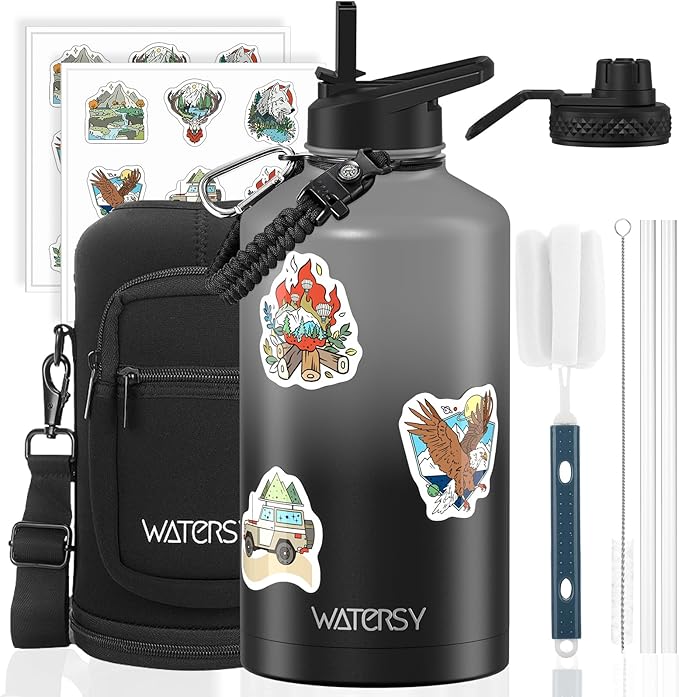 87oz Insulated Water Bottle (Cold for 48 Hrs),BPA Free&Leak Proof,1.5 Gallon Stainless Steel Water Flask,Water Jug with Straw Spout Lids for Gym,Hiking,Camping,Grey Black