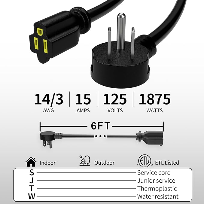 Vockjour 6 FT 2 Pack Black Low Profile Flat Plug 14 Gauge Heavy Duty Extension Cord, 14AWG 3-Wire Grounded Appliance Extension Cord, 15A/125V/1875W SJTW ETL Listed Power Cord