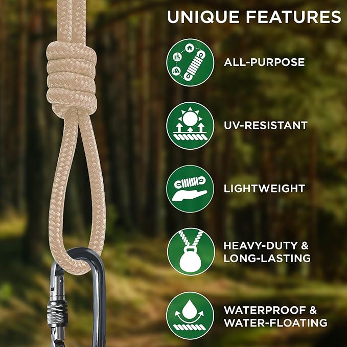 TECEUM Rope – 150 Feet x 1/4 Inch (7mm) – Beige – Strong All-Purpose Utility Rope – Camping, Crafting, Flag Pole, Indoor & Outdoor – Polypropylene Nylon Poly Lightweight Diamond Braided Cord
