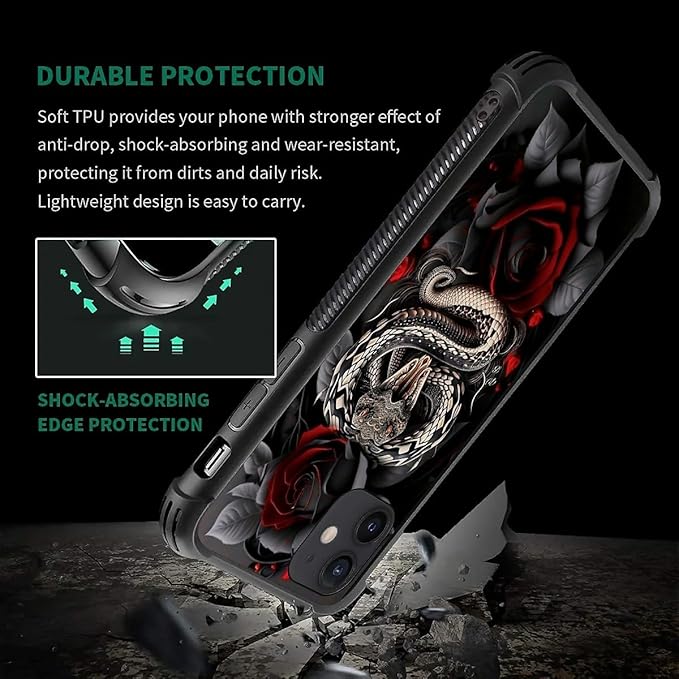 for iPhone 11 Case, Entwined Rose Snake Pattern Graphic Design Girl Boy Soft Silicone Hard Acrylic Shock Protection for iPhone 11