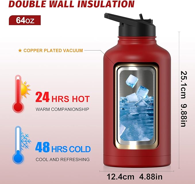 64oz Insulated Water Bottle (Cold for 48 Hrs),BPA Free&Leak Proof,Half Gallon Stainless Steel Water Flask,Water Jug with Straw Spout Lids for Gym,Hiking,Camping,Red
