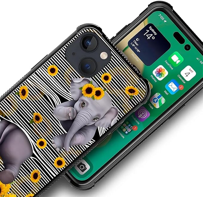 for iPhone 14 Case, Cute Little Elephant Sunflower White Line Art Pattern Graphic Design Girl Boy Soft Silicone Hard Acrylic Shock Protection for iPhone 14