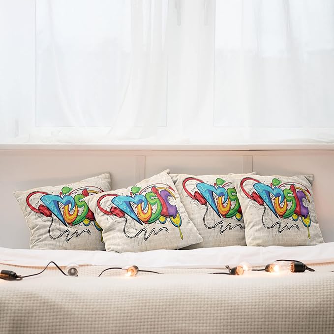 Ambesonne Music Throw Pillow Cushion Case Pack of 4, Illustration of Graffiti Style Lettering Headphones Hip Hop Theme on Beige Bricks, Modern Accent Double-Sided Digital Printing, 18", Tan Green